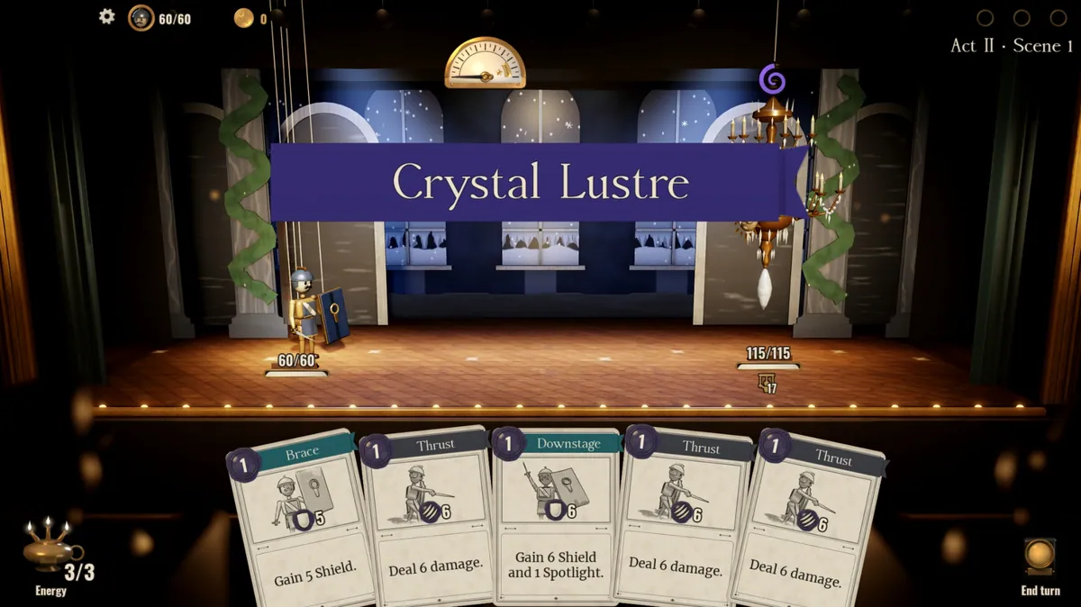 Une bannière « Crystal Lustre » sur une scène de salle de bal, un lustre de cristal descendu au bout de ses chaînes, une marionnette face à lui.