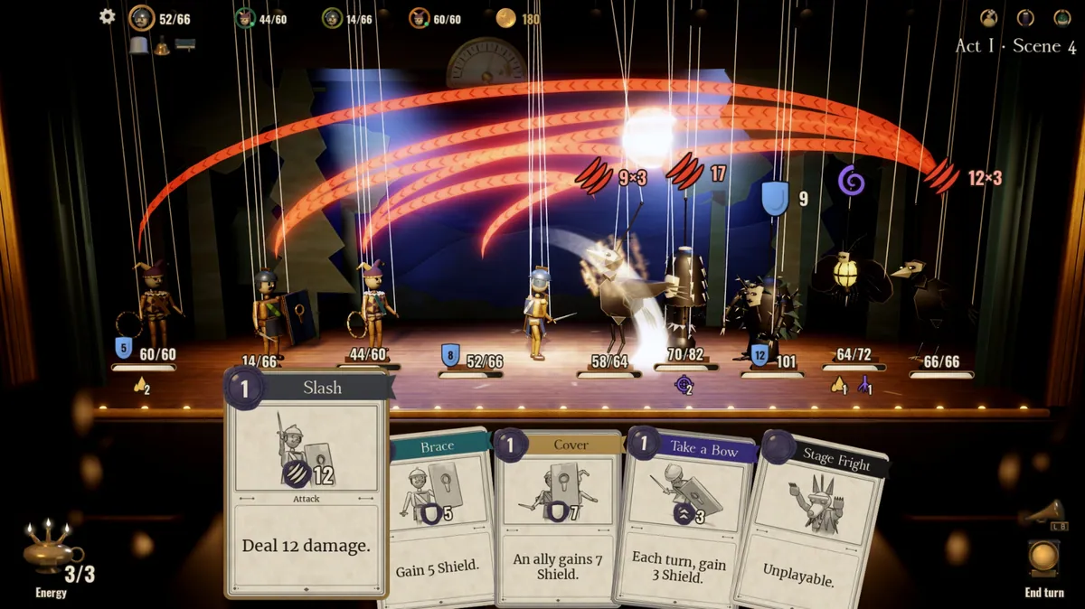 Une carte nommée Slash levée au-dessus d’une main de cinq cartes, « Attack » et « Deal 12 damage », avec quatre marionnettes et cinq ennemis sur la scène.