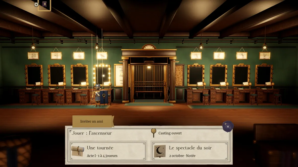 L’avis en papier de l’ascenseur, en français : « Jouer : l’ascenseur », avec « Une tournée » (Acte I, 1 à 4 joueurs) et « Le spectacle du soir », et une étiquette « Casting ouvert ».