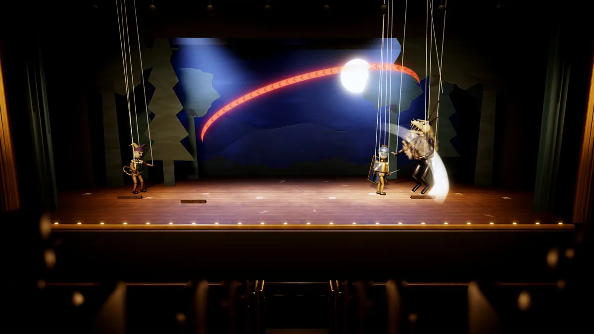 Une marionnette à fils frappe un loup sur une petite scène de théâtre, avec une forêt peinte, un projecteur et un arc rouge de mouvement.