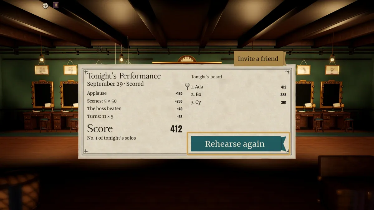 Une carte de score en papier « Tonight’s Performance » avec un score de 412 et le classement du soir de trois noms, un bouton « Rehearse again », sous un ruban « Invite a friend ».