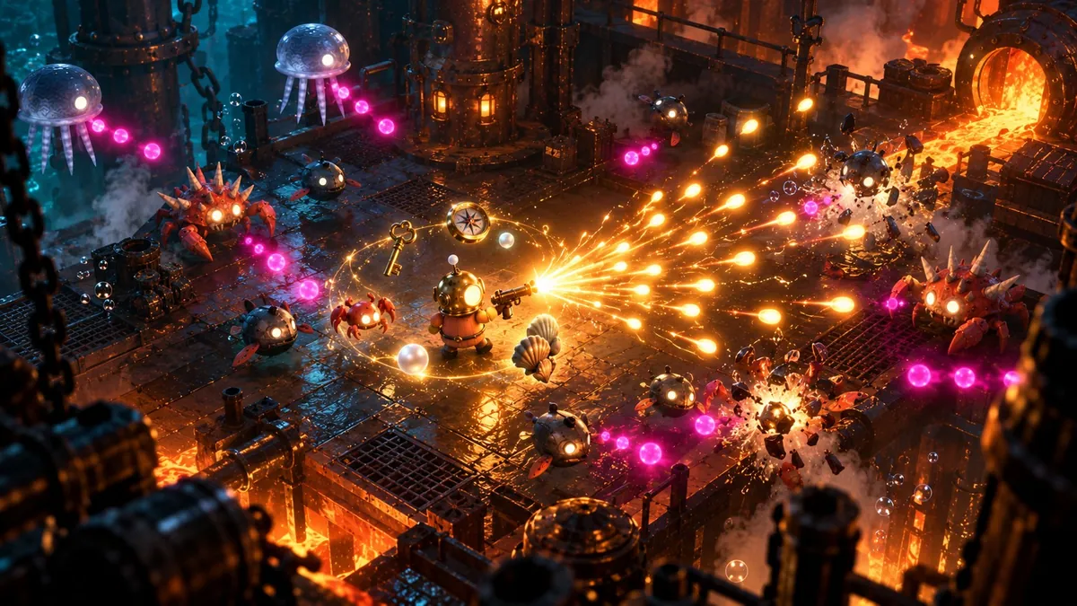 Un combat dans une fonderie éclairée par le métal en fusion, avec des traînées de balles orange et des projectiles roses lumineux.