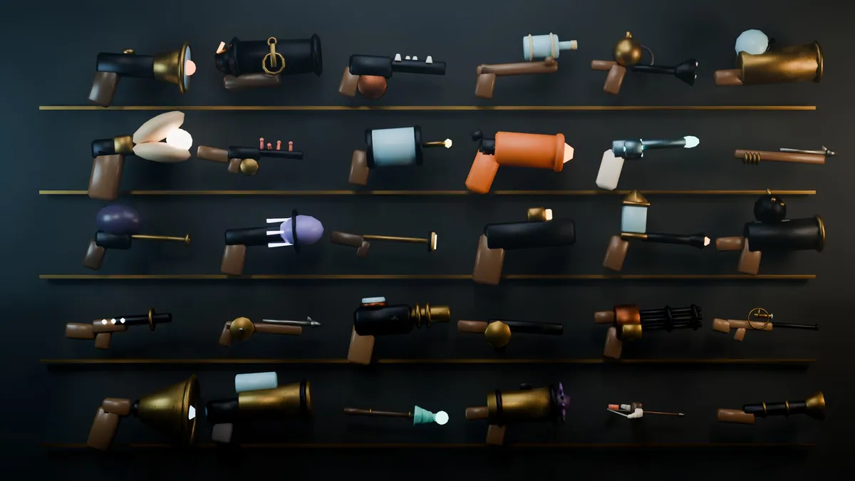 Trente armes stylisées sur un mur éclairé, avec des rails en laiton.