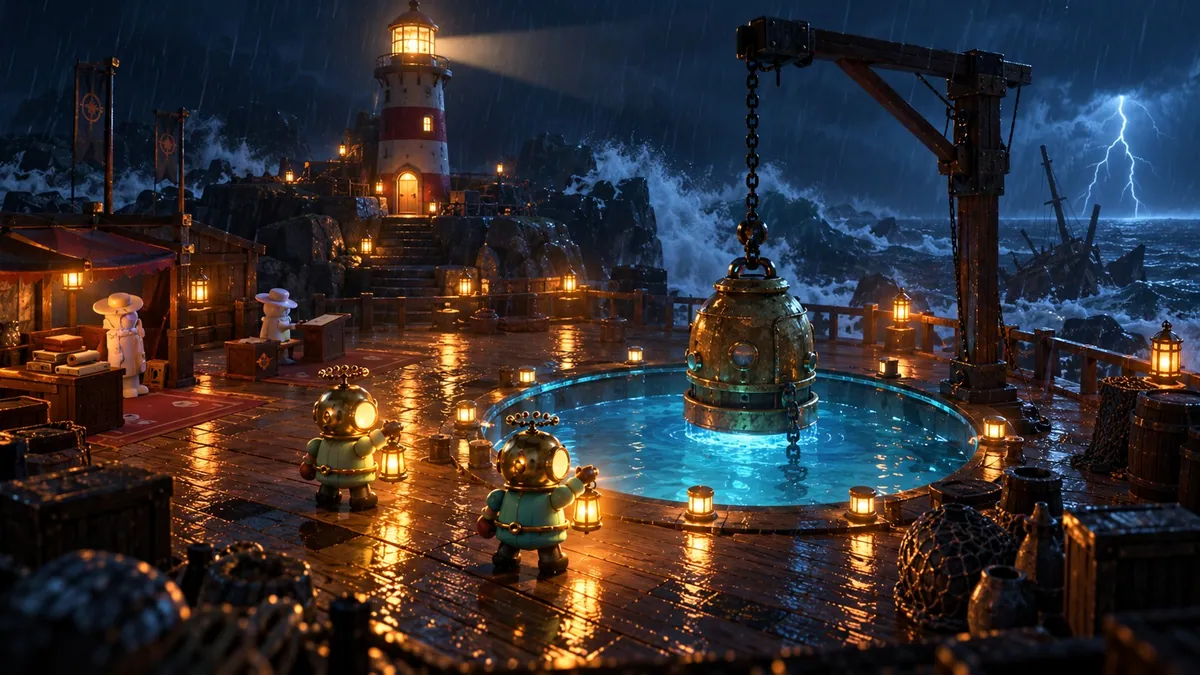 Le phare dans la tempête : un bassin lumineux, une cloche sur sa potence, des lanternes sur des planches mouillées, des éclairs sur la mer.