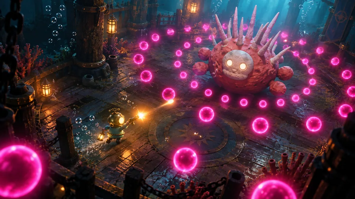 Une créature de corail épineuse au centre d’anneaux concentriques de projectiles magenta lumineux, un plongeur lui répond.