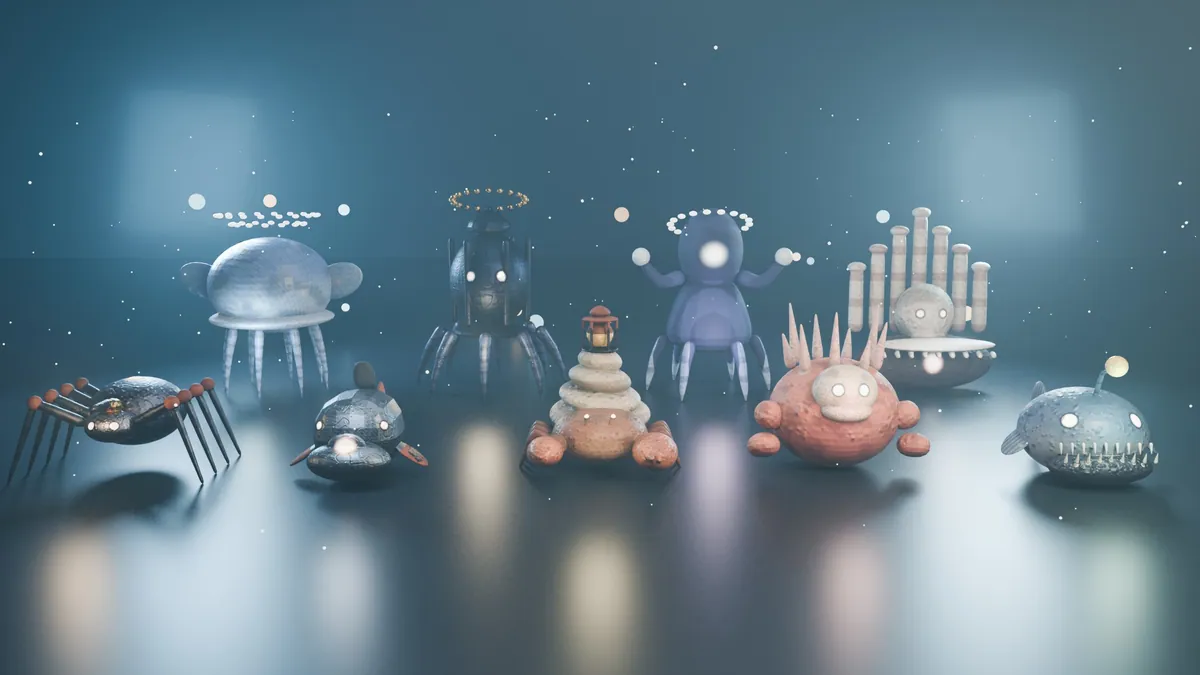 Neuf créatures, les Sentinelles du jeu, alignées dans un studio brumeux.