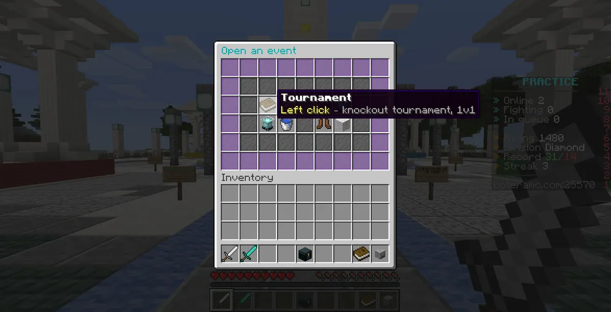 A window titled Open an event shows the nine event formats as icons centred on a purple frame; the tooltip of Tournament reads: left click, knockout tournament, 1v1.