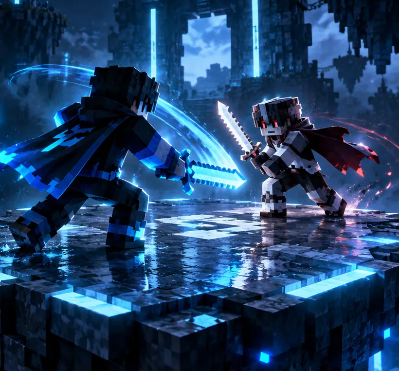 Deux combattants Minecraft s’affrontent à l’épée lumineuse sur une plate-forme flottante bordée de lumière bleue, entre des îles flottantes.