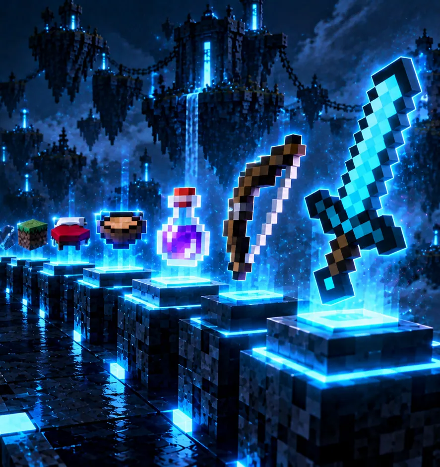Une épée en diamant, un arc, une potion, un bol, un lit et un bloc d’herbe flottent au-dessus de socles lumineux.