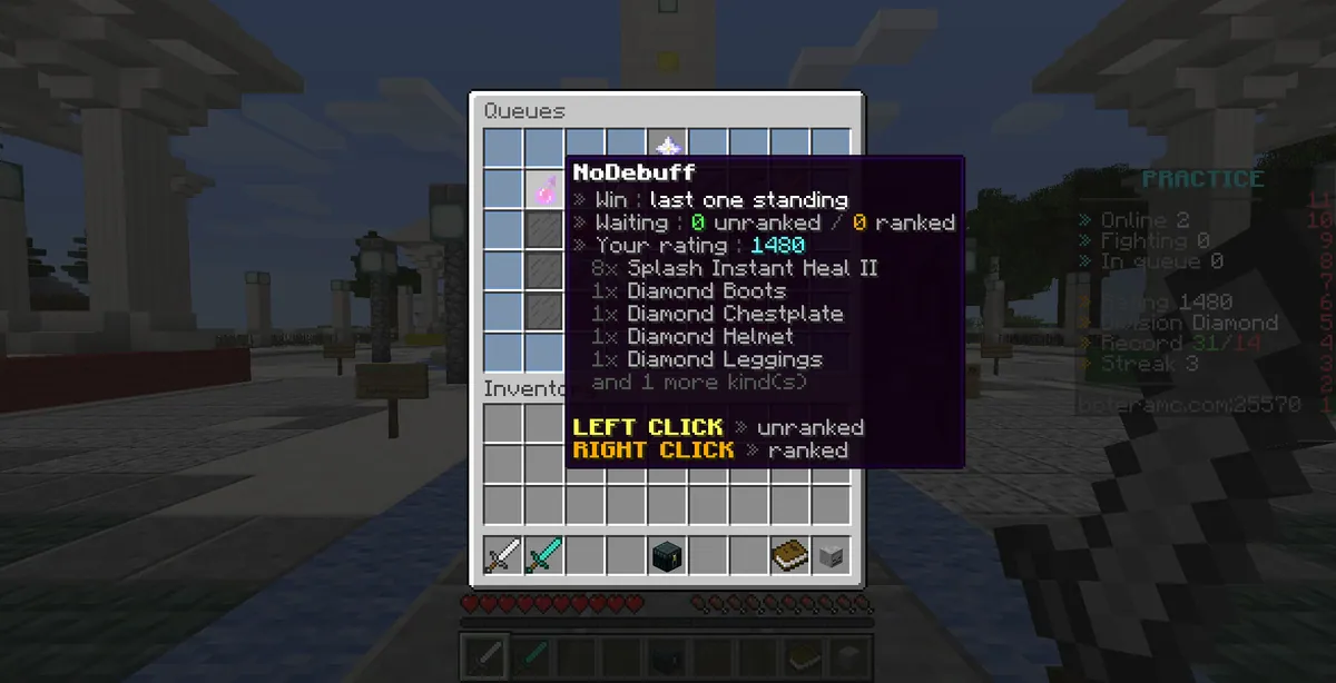 A six-row window titled Queues: a title tile on top, sixteen kits as different icons in balanced rows, the training button along the bottom; the tooltip of NoDebuff reads: win, last one standing; waiting, 0 unranked and 0 ranked; your rating, 1480; its contents; left click unranked, right click ranked.