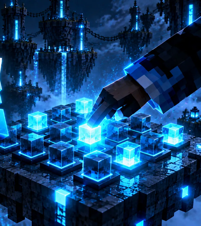 Une main appuie sur des cubes bleus lumineux qui figurent des réglages.