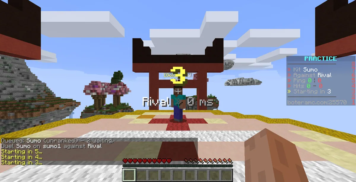 First-person view on a straw ring in the sky. The opponent stands ahead under a torii gate; a yellow 3 counts down above him with his name and ping under it (Rival, 0 ms), and the sidebar counts down too (Starting in 3) under the kit, the opponent, both pings and the hits each has landed.