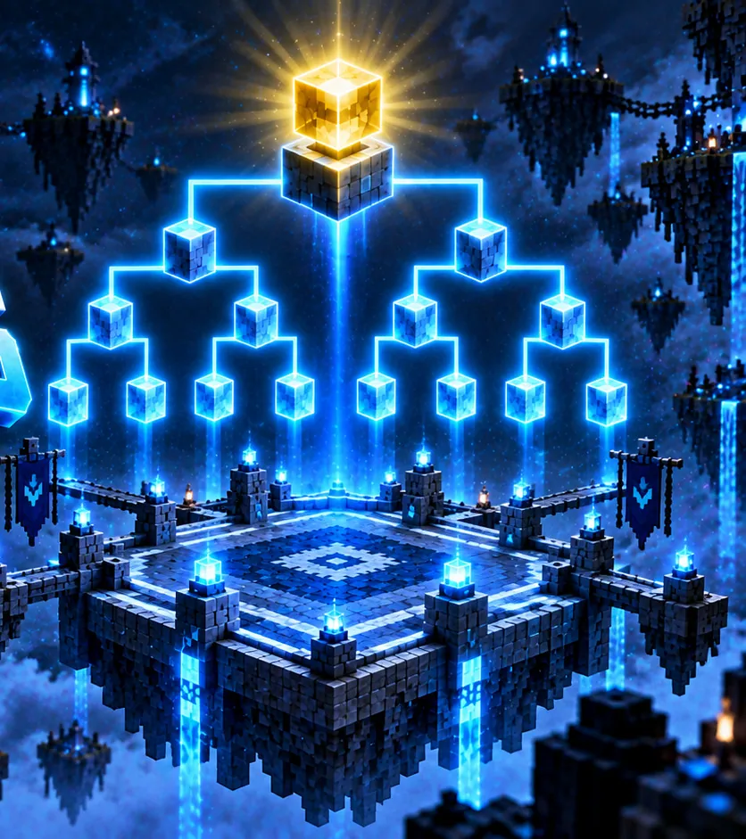 Un tableau de tournoi de lignes bleues lumineuses monte d’une arène vers un cube-trophée doré.