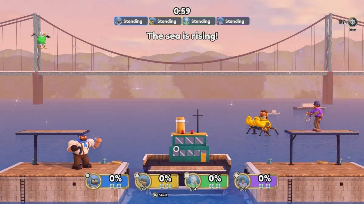 Quatre combattants sur la scène du Ferry avec une horloge à 0:59, quatre pastilles « Standing » et les mots « The sea is rising! » au centre.