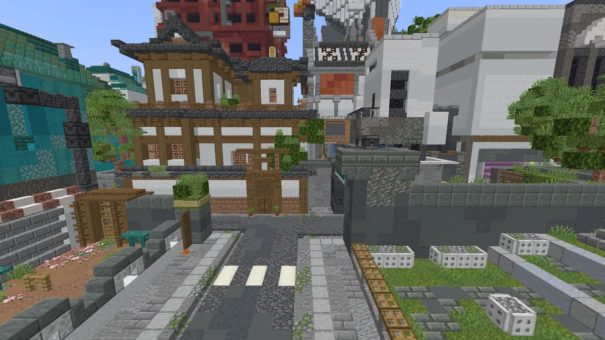 Un carrefour dans une ville de style pagode construite en blocs.