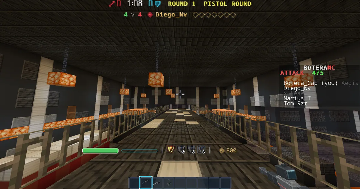 First-person view along a railed catwalk with the round timer, team counts, health, shield, ability icons and credits on screen.
