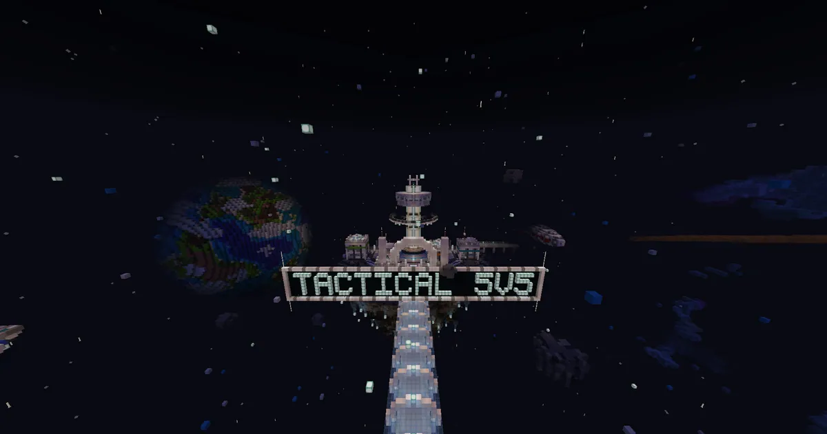 A white space station with a lit sign reading Tactical 5v5, a planet and a nebula behind it.