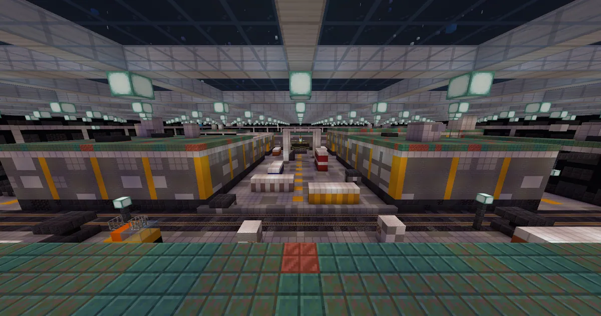 A long dock hall with container stacks, a railway and yellow-striped steel buildings under a glass roof and the stars.