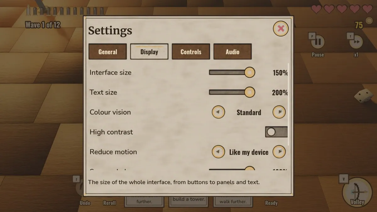 Un panneau de réglages sur son onglet Display, avec les onglets General, Display, Controls et Audio et les lignes Interface size 150%, Text size 200%, Colour vision Standard, High contrast désactivé et Reduce motion Like my device, les valeurs collées au bord droit du panneau.