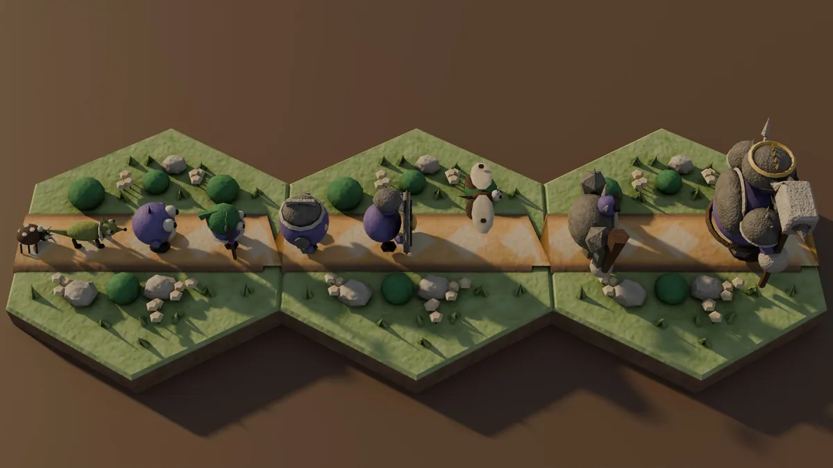 Une route sur trois tuiles qui porte les modèles d’ennemis : une petite créature brune semblable à un scarabée, un coureur vert semblable à un lézard, des marcheurs ronds et violets aux grands yeux (l’un casqué de fer, l’un coiffé d’une feuille, l’un avec un bouclier), un planeur ailé pâle, une brute cuirassée de roche et le grand Gardien en armure au marteau de pierre.