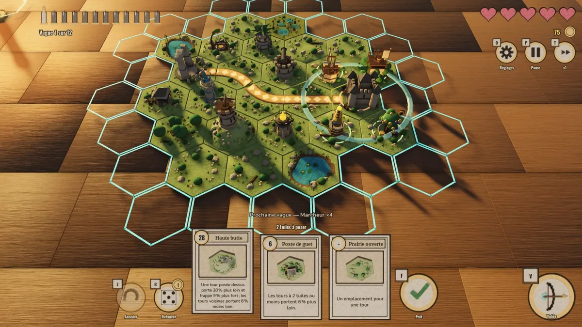 Le plateau en français avec une grille de contours hexagonaux cyan vides où les tuiles peuvent aller, les lignes « Vague 1 sur 12 » et « 2 tuiles à poser », les cartes Haute butte, Poste de guet et Prairie ouverte, et les boutons Annuler, Relancer, Prêt, Volée et Réglages.