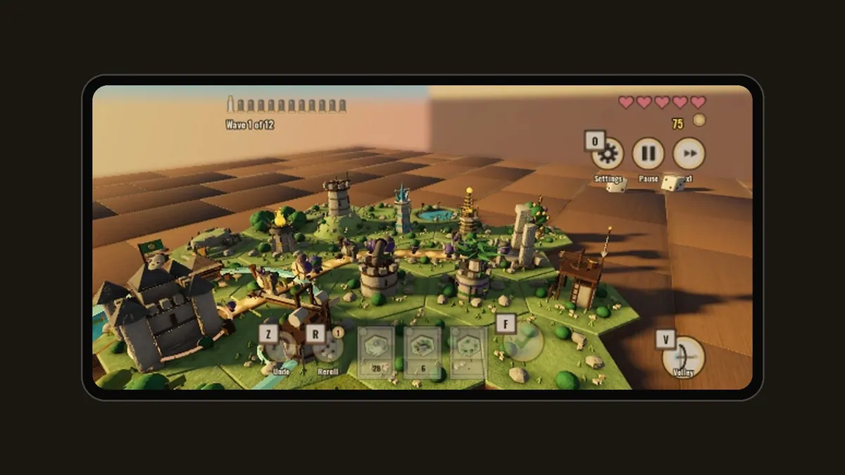 Un cadre de téléphone dessiné, en paysage, sur un fond sombre, qui montre le plateau, de petits boutons sur les bords et trois petites cartes de tirage en bas.