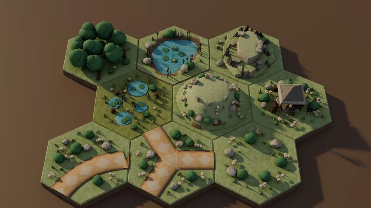 Neuf tuiles hexagonales en grille : une forêt d’arbres ronds, un lac à nénuphars, une crête rocheuse, un marais de petites mares, une colline herbeuse, une cabane de guet avec une échelle, une route courbe, une route qui bifurque et une prairie ouverte.