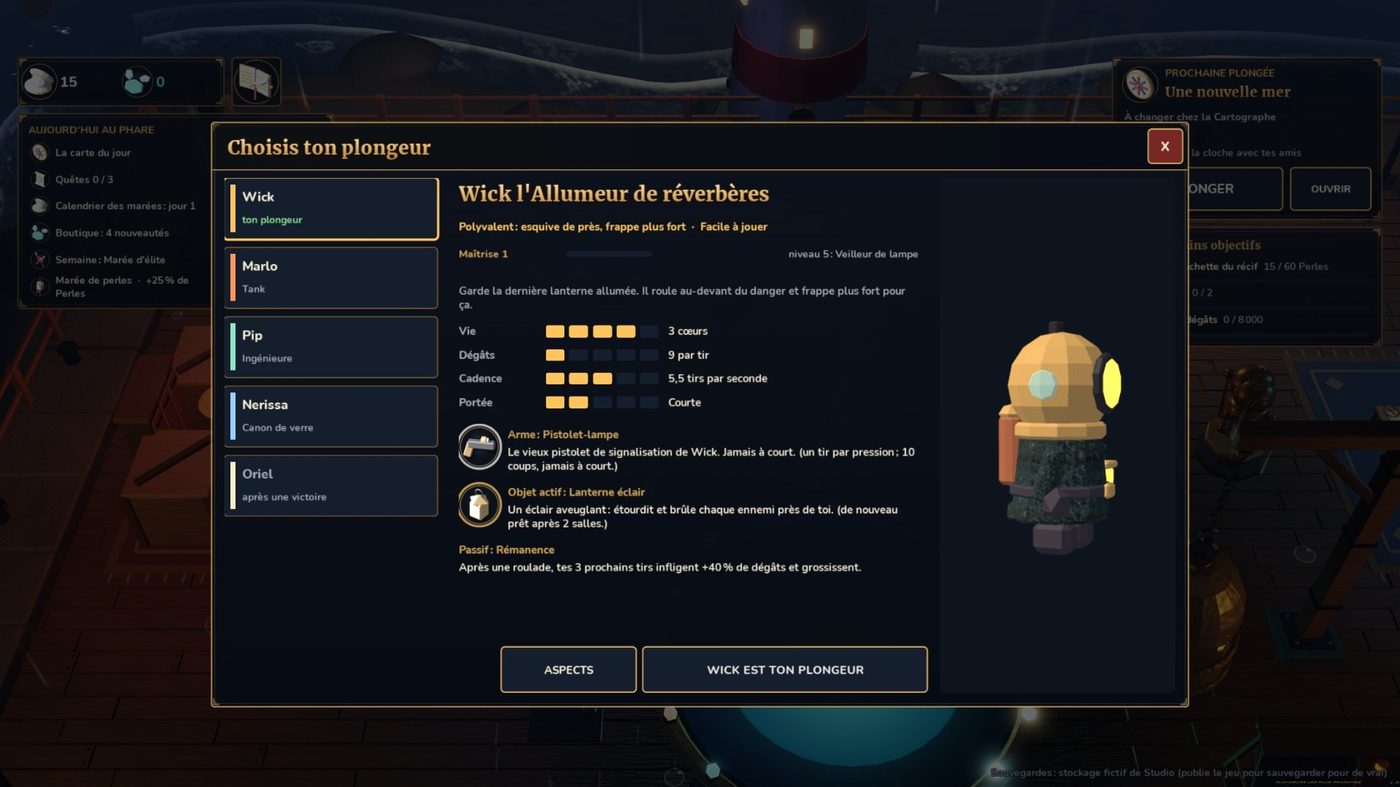 In-game capture: choosing a diver, in French.