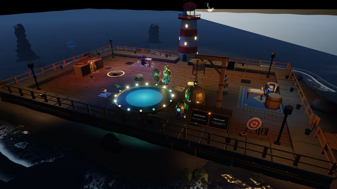 In-game capture: the lighthouse hub at night.