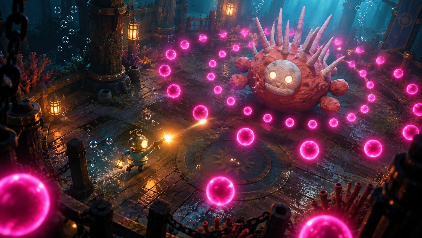 Key art (illustration): the Coral Warden and its ring of bullets.