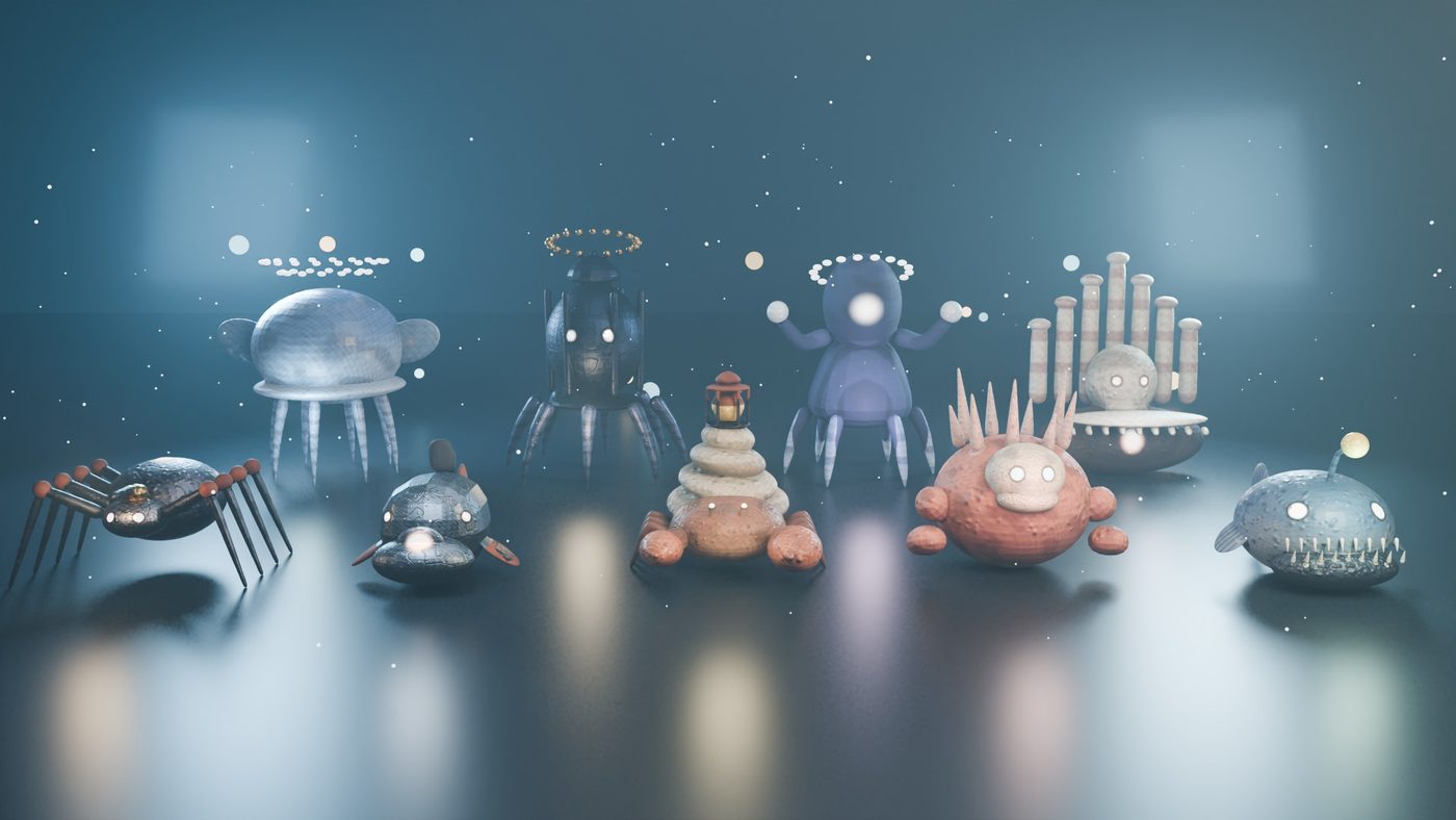 Blender render of the game's own models: creatures and wardens.